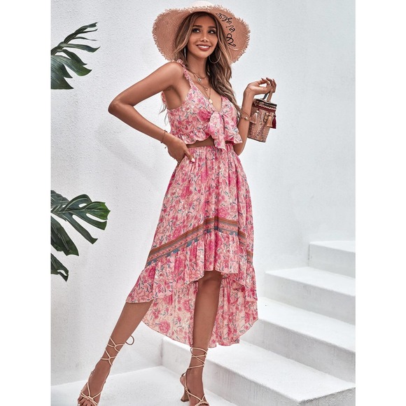 2 piece set: Floral Print Tie Front Cami crop Top & Ruffle Hem midi Skirt blue - Picture 6 of 7